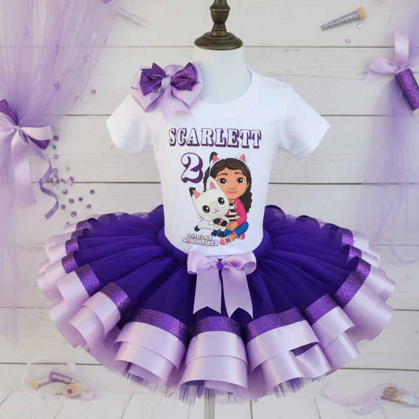 Gabby's Dollhouse Pandy Paws Tutu Set Girls Personalized Custom Purple Light Purple Ribbon Sewn Trim Tutu Outfit Dress Theme Cake Smash Birthday Party