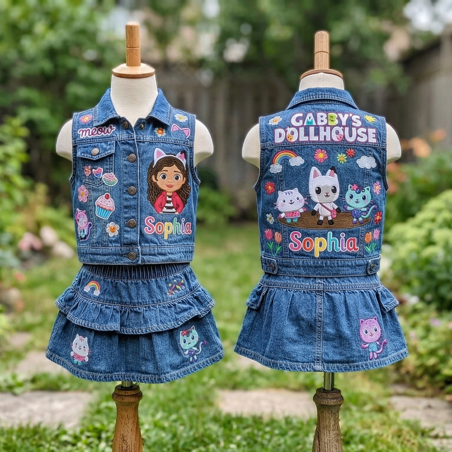 Personalized Custom Name Gabby's Dollhouse Denim Vest & Skirt Set Birthday Party Cake Smash Gift