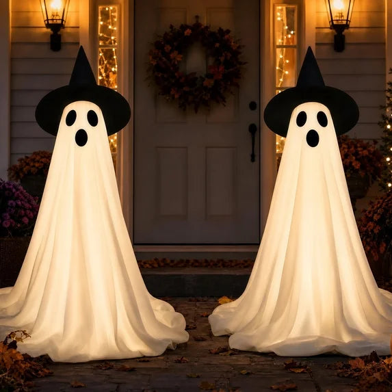 2-Pack Cloth Ghosts with Witch Hat Halloween Home Decor Accent Yard Prop