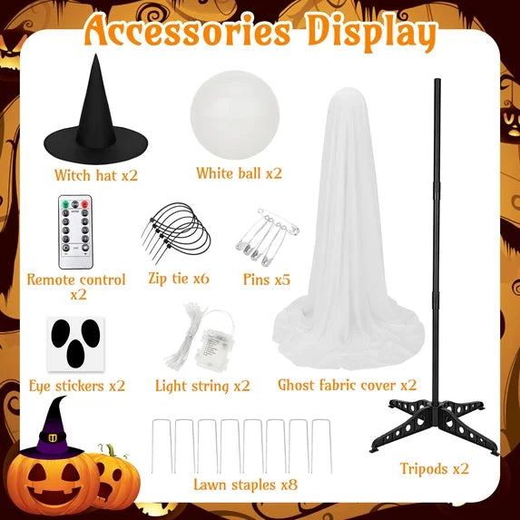 2-Pack Cloth Ghosts with Witch Hat Halloween Home Decor Accent Yard Prop