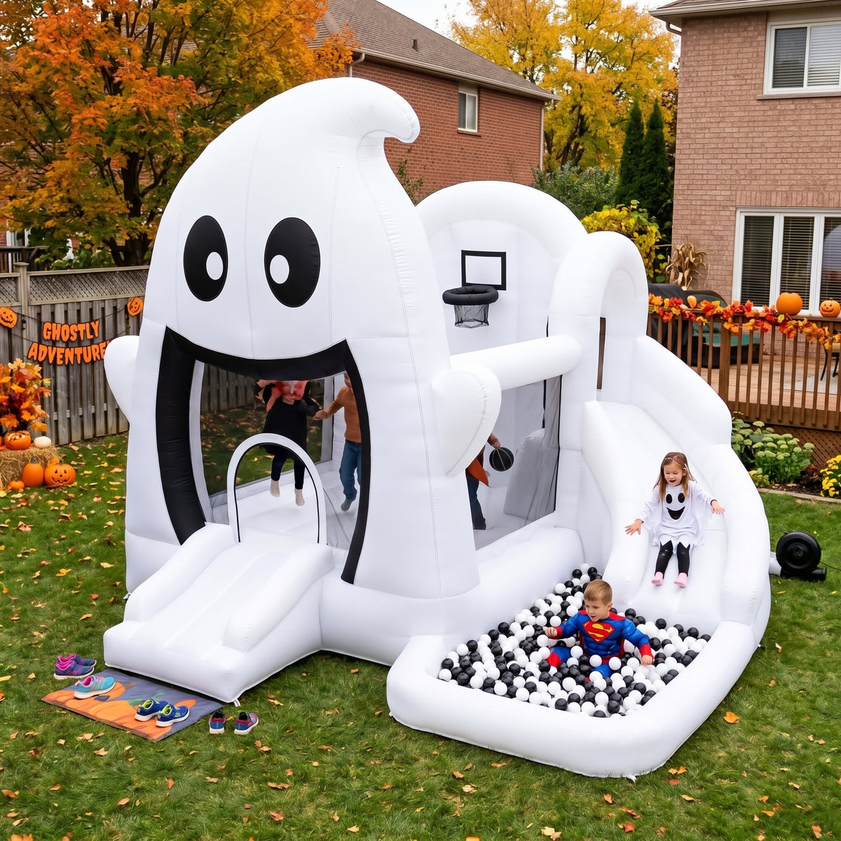 Play Bounce House Jumping Playhouse area with Slide and Ball Pit Halloween Ghost's Head Castle Theme