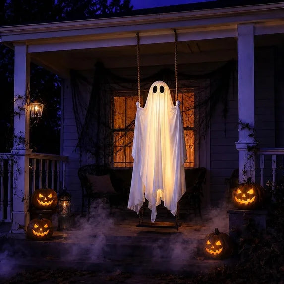 5' Ghost on Swing Halloween Decor Prop with String Lights