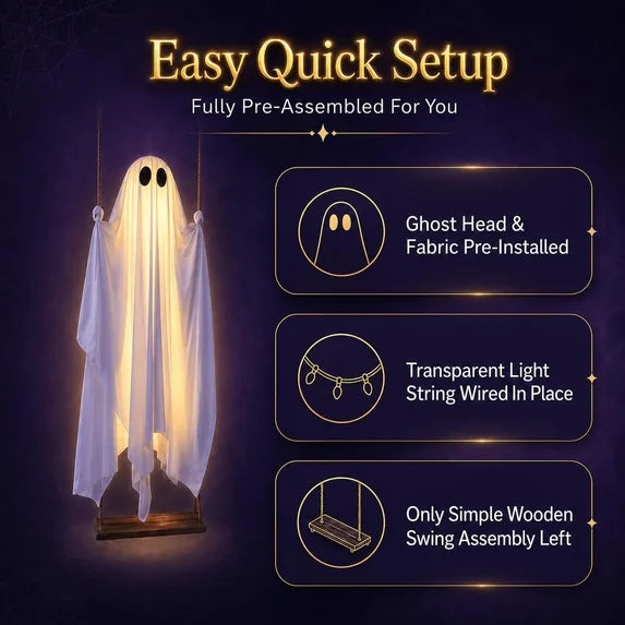 5' Ghost on Swing Halloween Decor Prop with String Lights