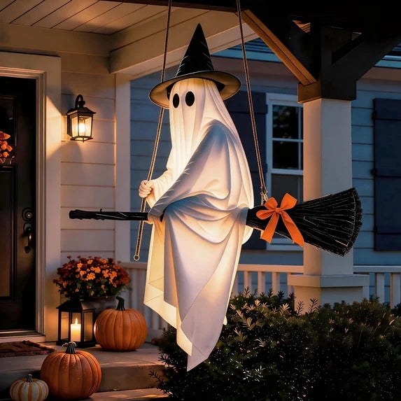 5' Ghost Riding Witch's Broom Hanging Halloween Home Decor Accent Yard Prop
