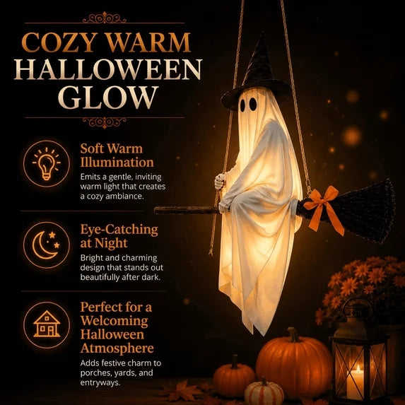 5' Ghost Riding Witch's Broom Hanging Halloween Home Decor Accent Yard Prop