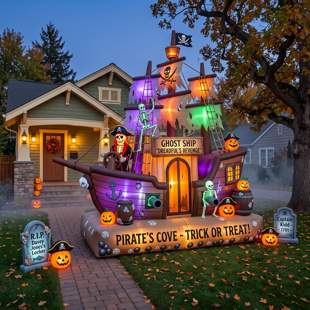 Massive 8-Foot-Tall Ghost Ship Colossal Multi-Tiered Halloween Yard Inflatable Scene Decor Prop