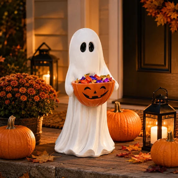 13.7" Ghost Statue holding Pumpkin Bowl Halloween Candy Holder Decor Prop