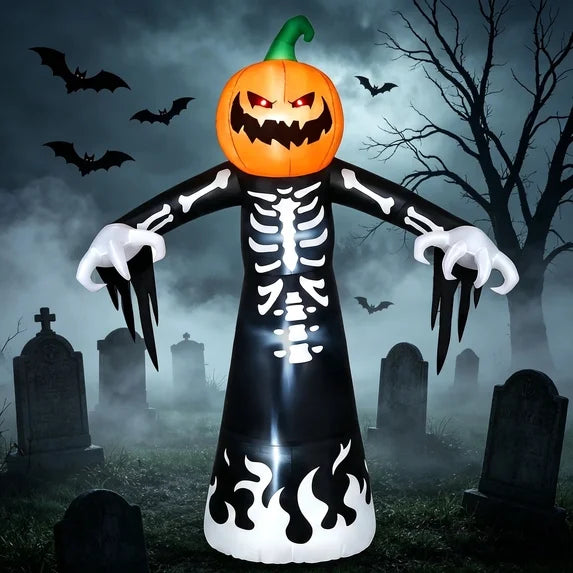 9' Giant Long Jack o Lantern Skeleton Yard Halloween Inflatable Blow Up Decor Prop