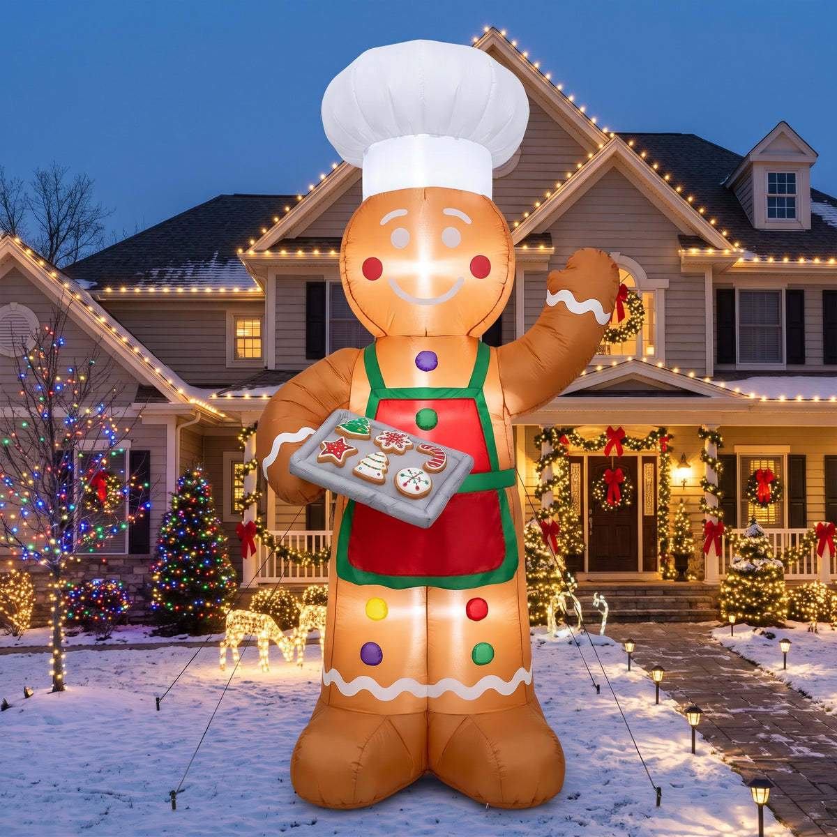10-Foot Giant Outdoor Gingerbread Village Gingerbread Baker Inflatable with LED Illumination Christmas Blow Up Yard Decor