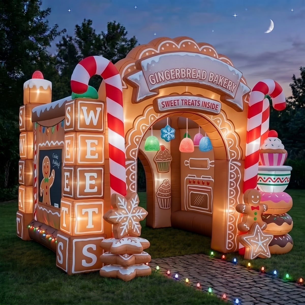 Gingerbread Bakery Theme Premium 10' x 10' Christmas House Inflatable Blow Up Walk-Through Archway Experience Decor Prop