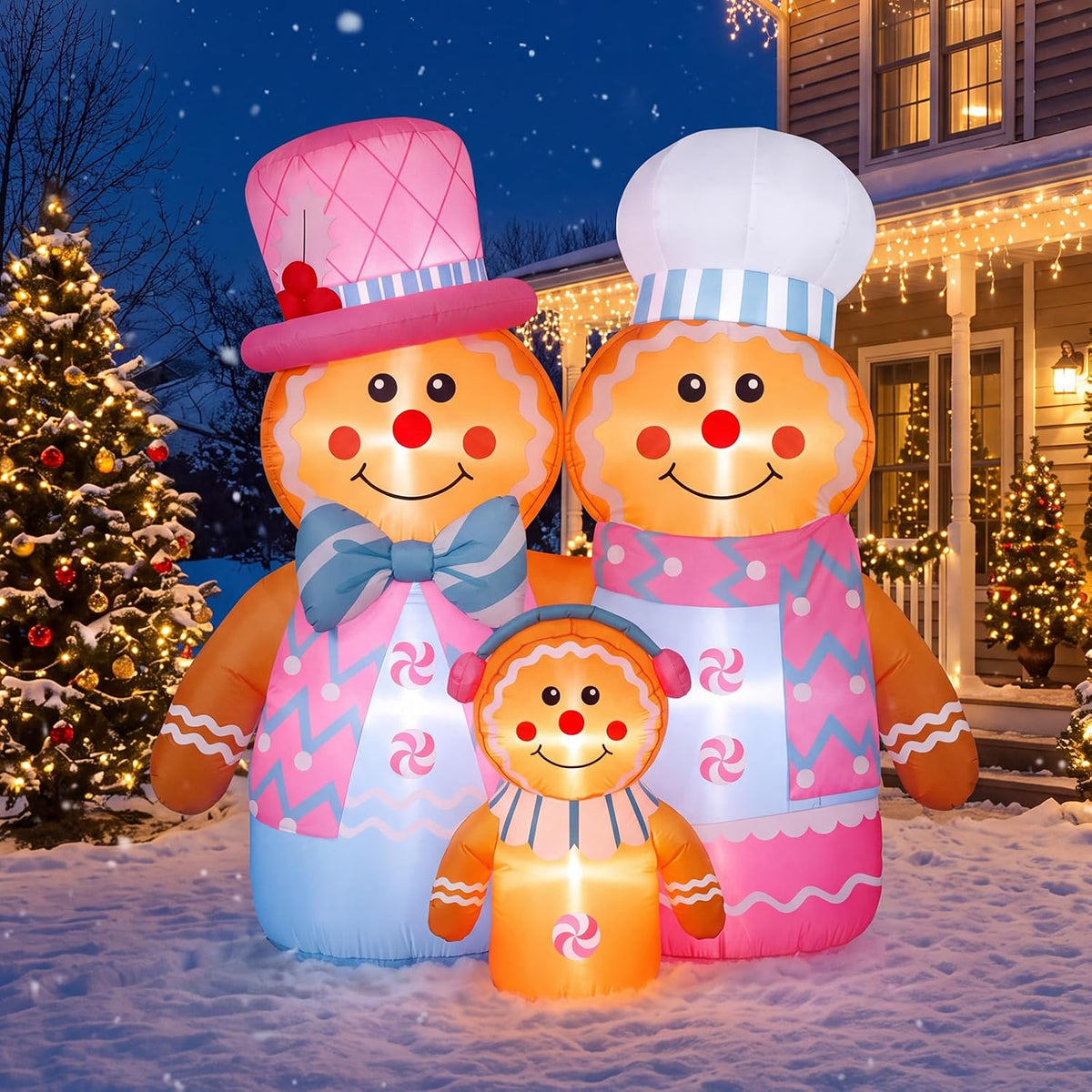 6-Foot Giant Outdoor Gingerbread Family Inflatable with LED Illumination Christmas Blow Up Yard Decor