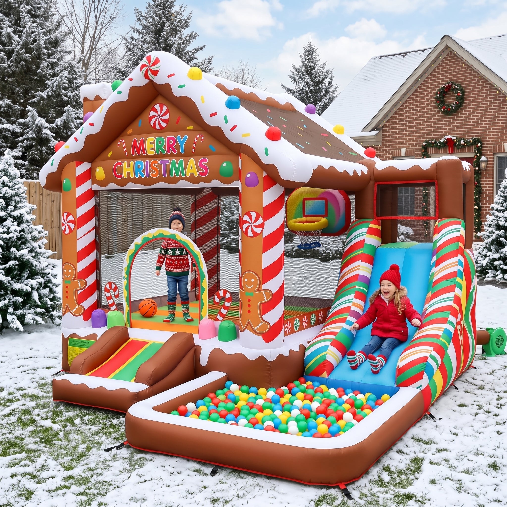 Play Bounce House Jumping Playhouse area with Slide and Ball Pit Christmas Gingerbread House Theme