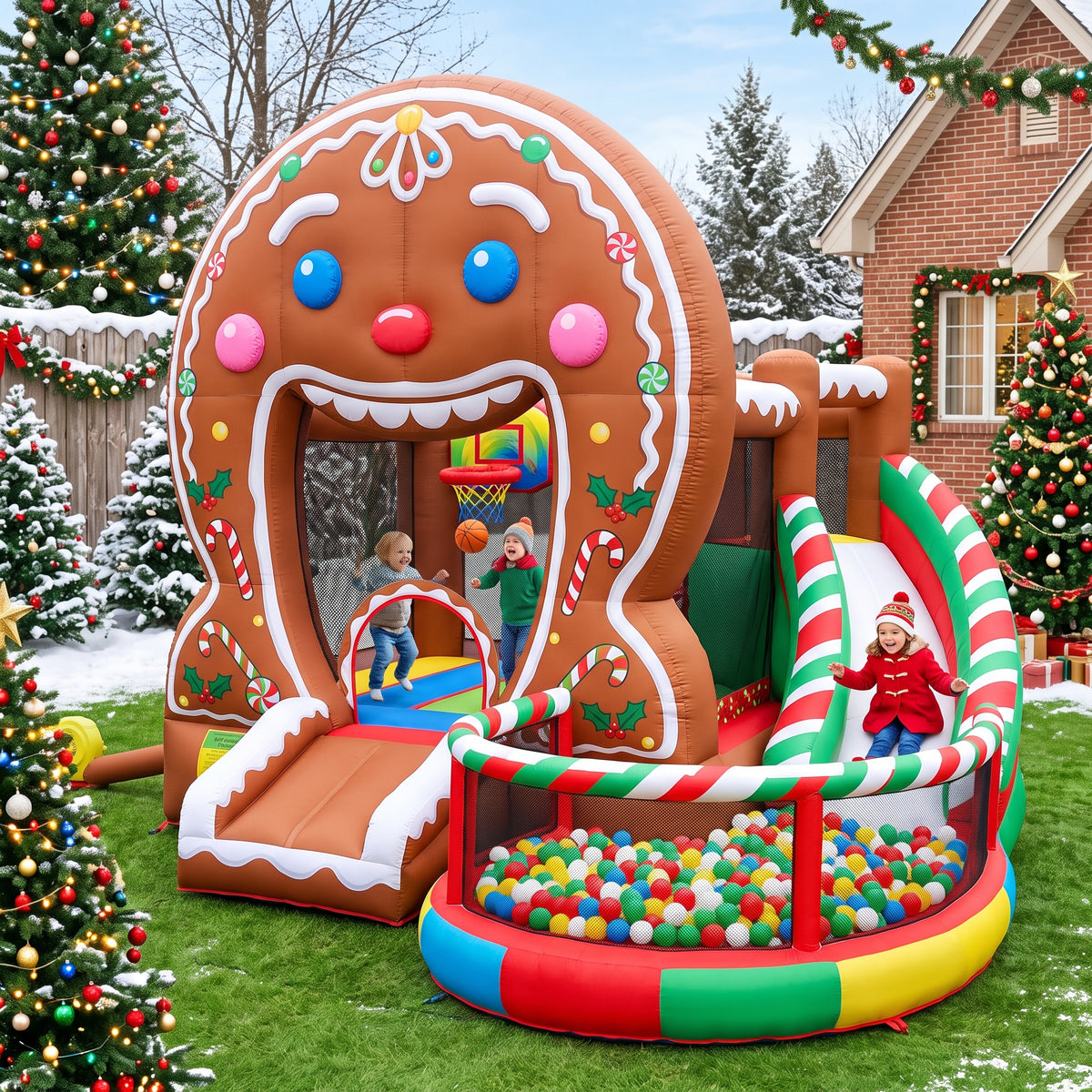 Play Bounce House Jumping Playhouse area with Slide and Ball Pit Christmas Gingerbread Man's Head Castle Theme