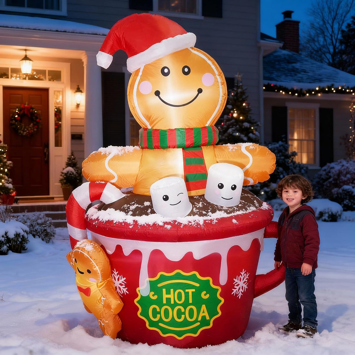 6-Foot Giant Outdoor Gingerbread Man in Cocoa Mug Inflatable with LED Illumination Christmas Blow Up Yard Decor
