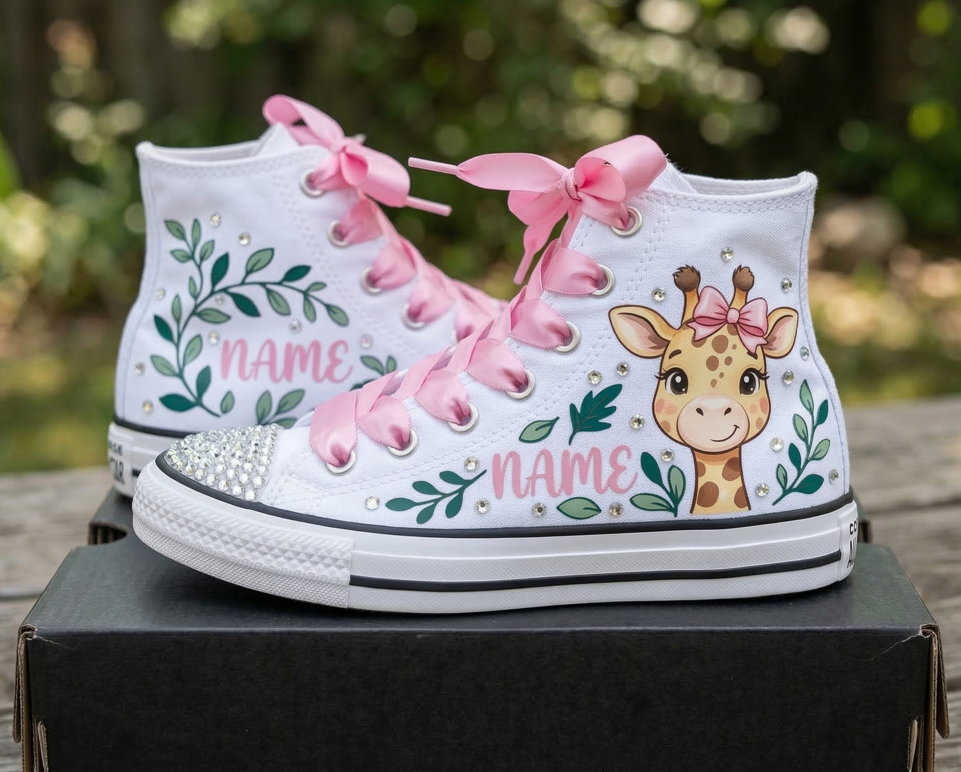 Custom Cute Safari Giraffe Face High-Top Sneakers Shoes Personalized with Name, Ribbon Laces & Rhinestones Birthday Parties Everyday Gift