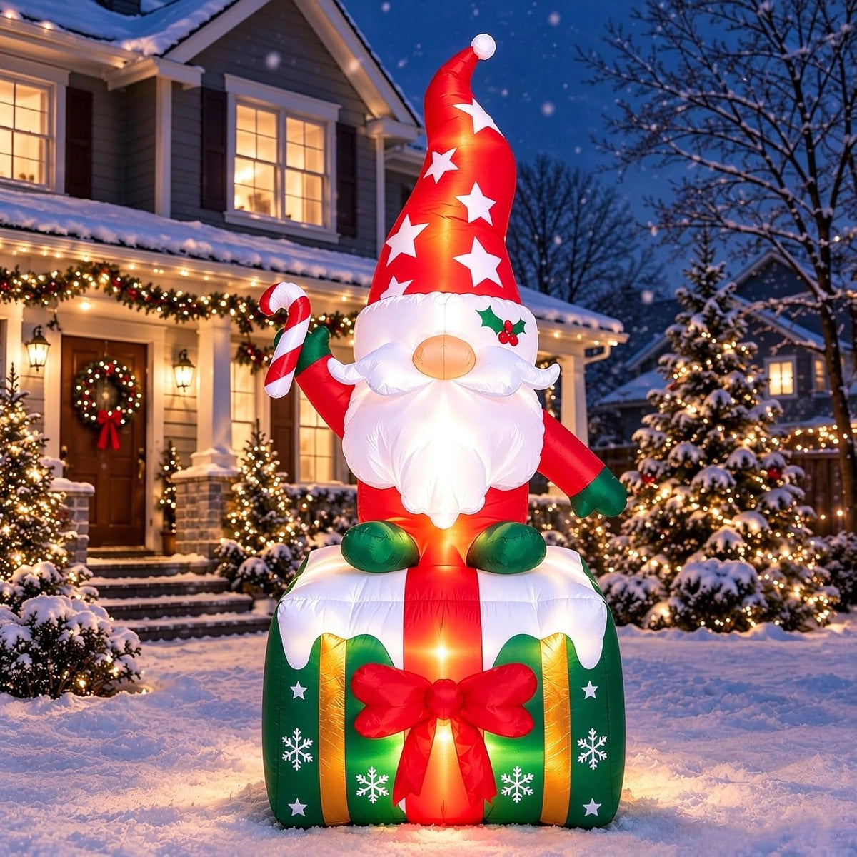 6-Foot Giant Outdoor Gnome on Christmas Present Inflatable with LED Illumination Christmas Blow Up Yard Decor