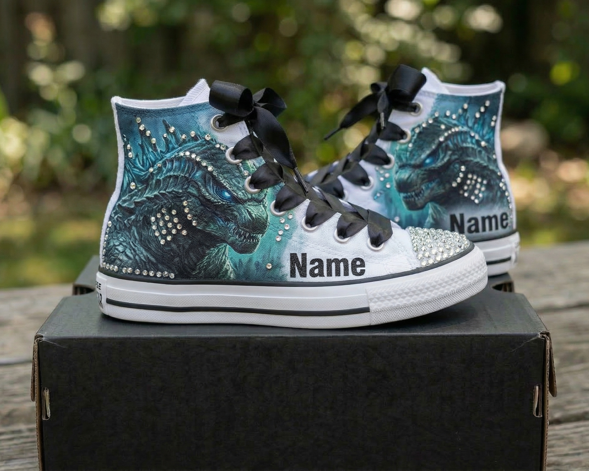 Custom Godzilla High-Top Sneakers Shoes Personalized with Name, Ribbon Laces & Rhinestones Birthday Parties Everyday Gift