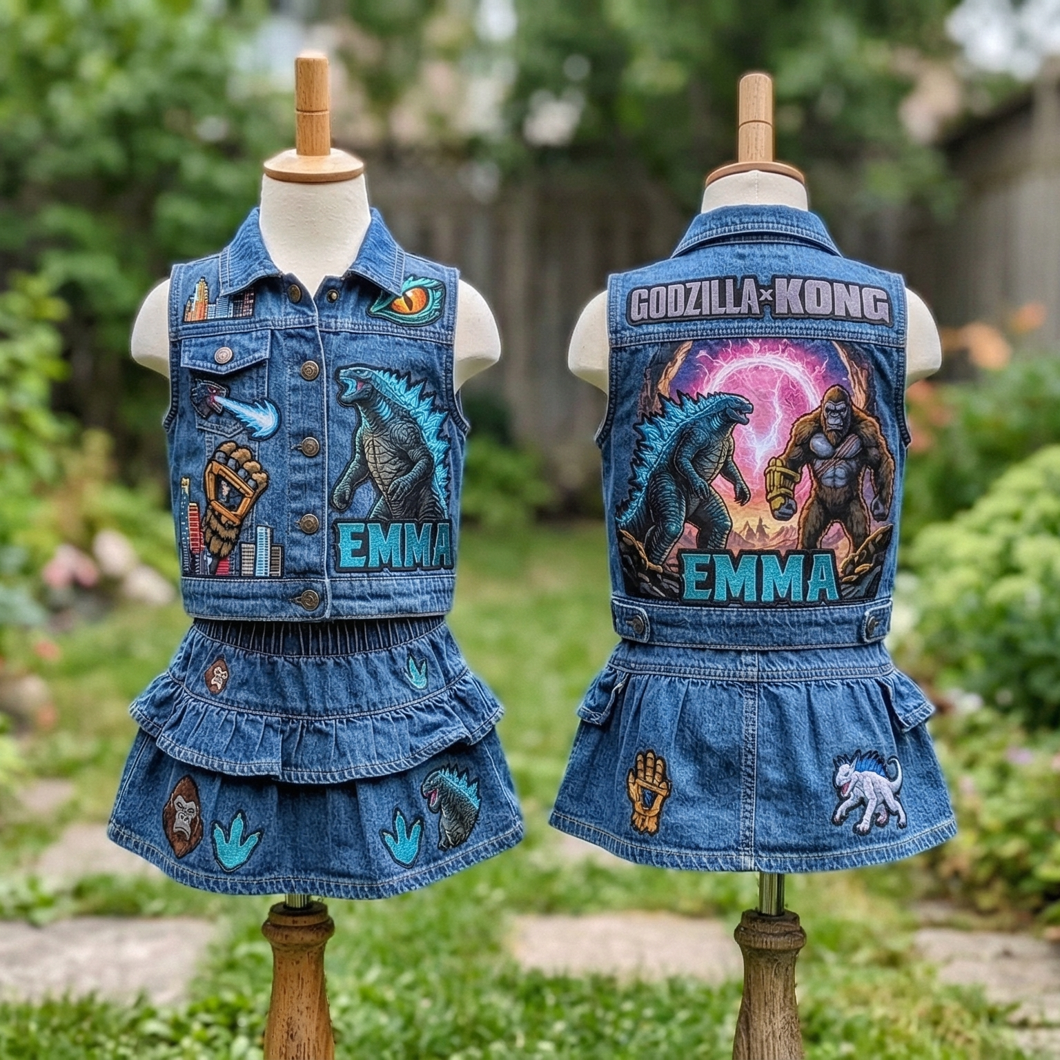 Personalized Custom Name Godzilla Kong Denim Vest & Skirt Set Birthday Party Cake Smash Gift
