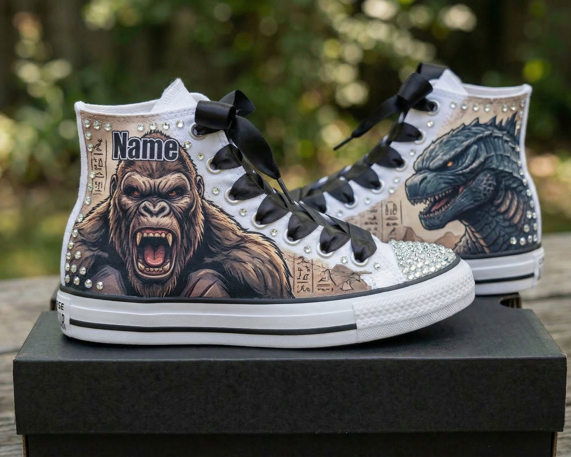Custom Godzilla and Kong High-Top Sneakers Shoes Personalized with Name, Ribbon Laces & Rhinestones Birthday Parties Everyday Gift