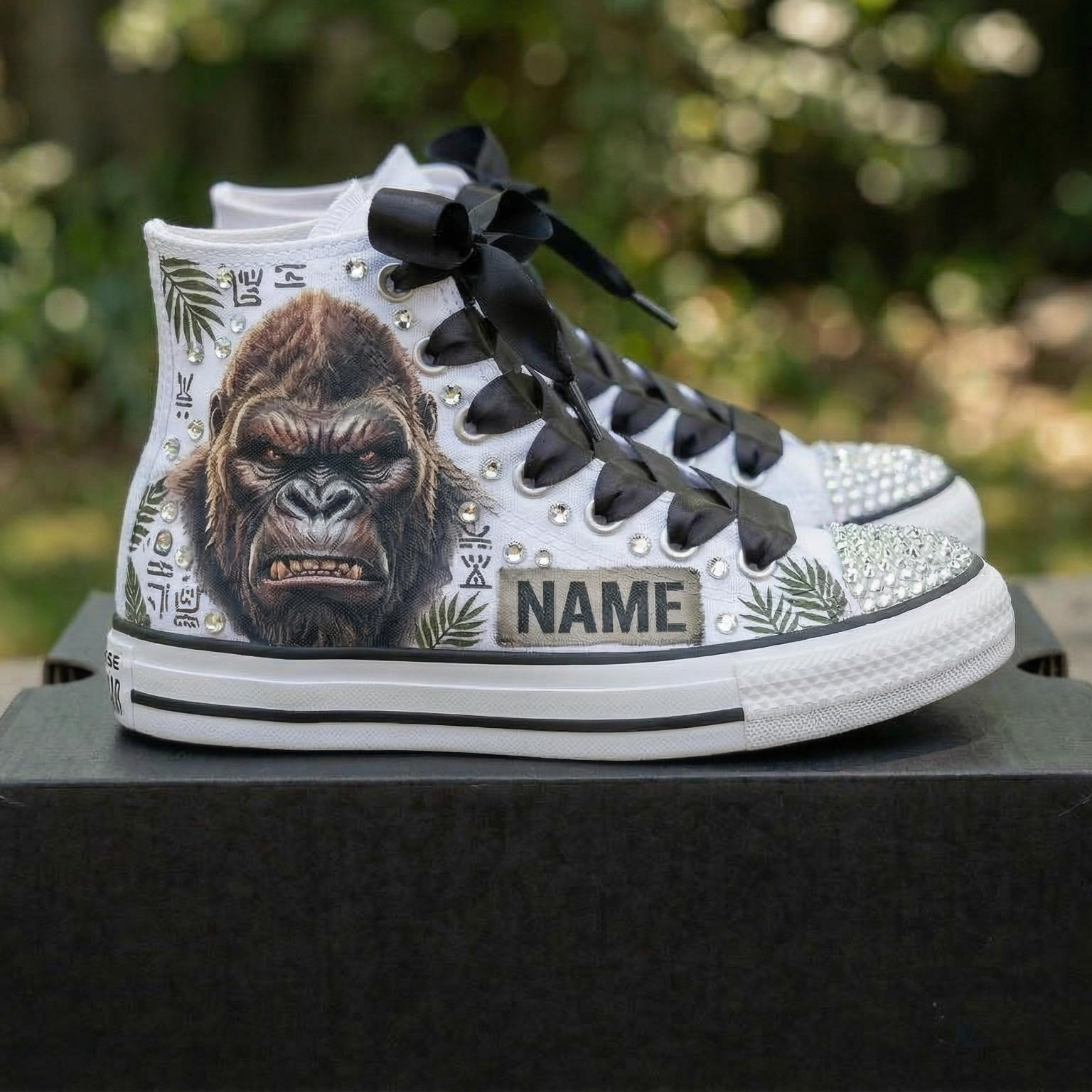 Custom Godzilla Kong High-Top Sneakers Shoes Personalized with Name, Ribbon Laces & Rhinestones Birthday Parties Everyday Gift