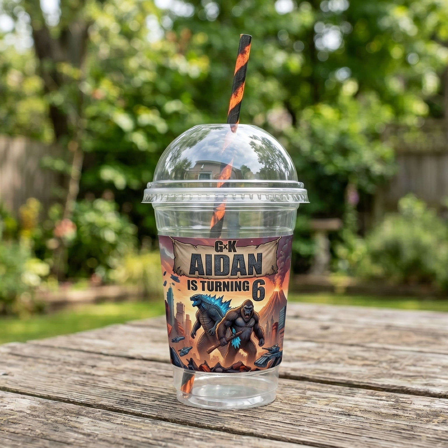 (Pack of 6) Godzilla x Kong Custom Personalized Birthday Party 16 oz Cups with Dome Lids & Straws