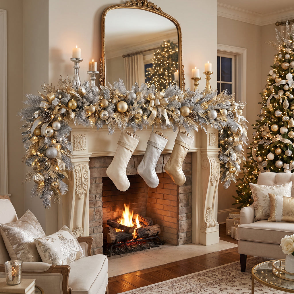8-Foot Pre-Lit Metallic Silver and Champagne Gold Luxury Artificial Holiday Garland Christmas Decor