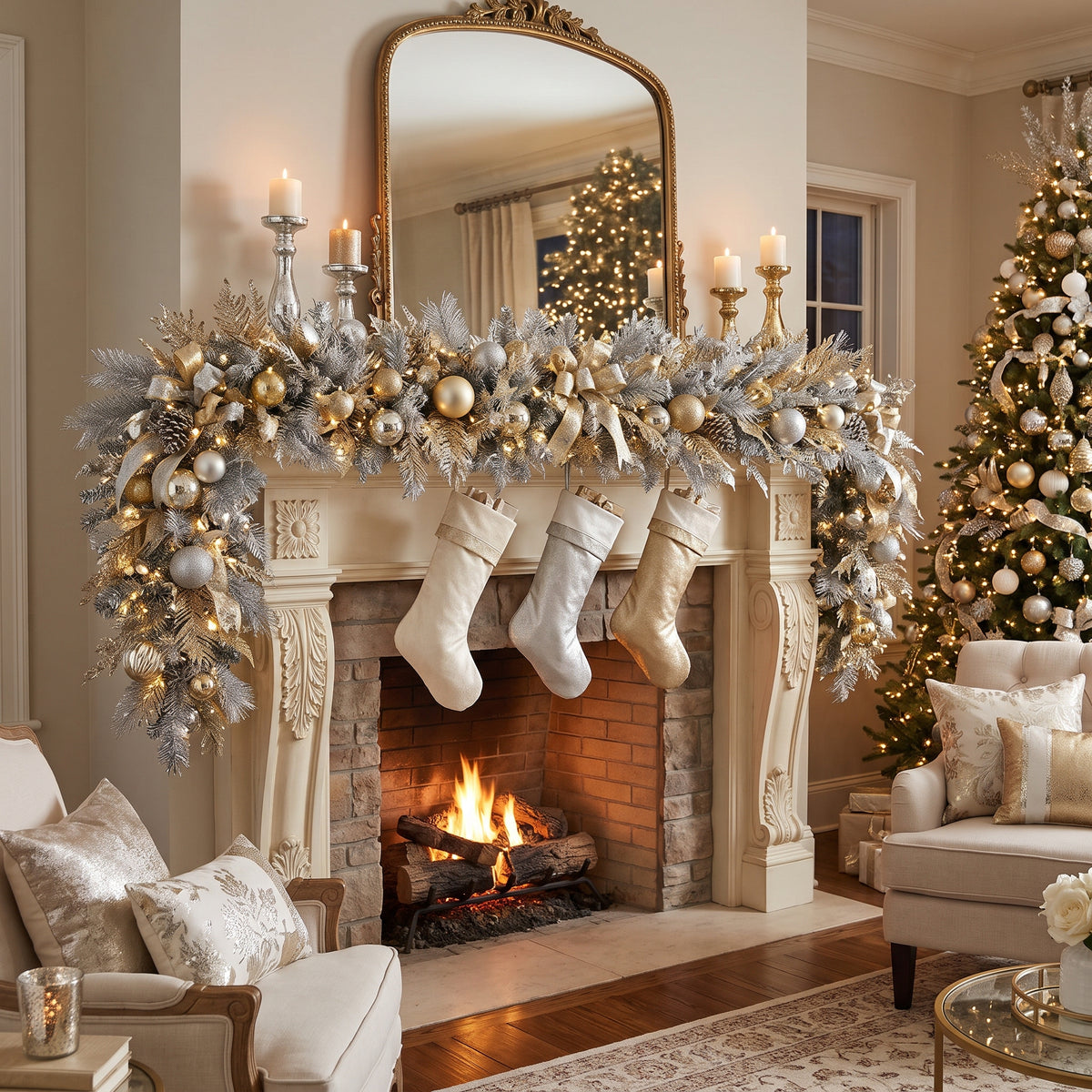 8-Foot Pre-Lit Metallic Silver and Champagne Gold Luxury Artificial Holiday Garland Christmas Decor