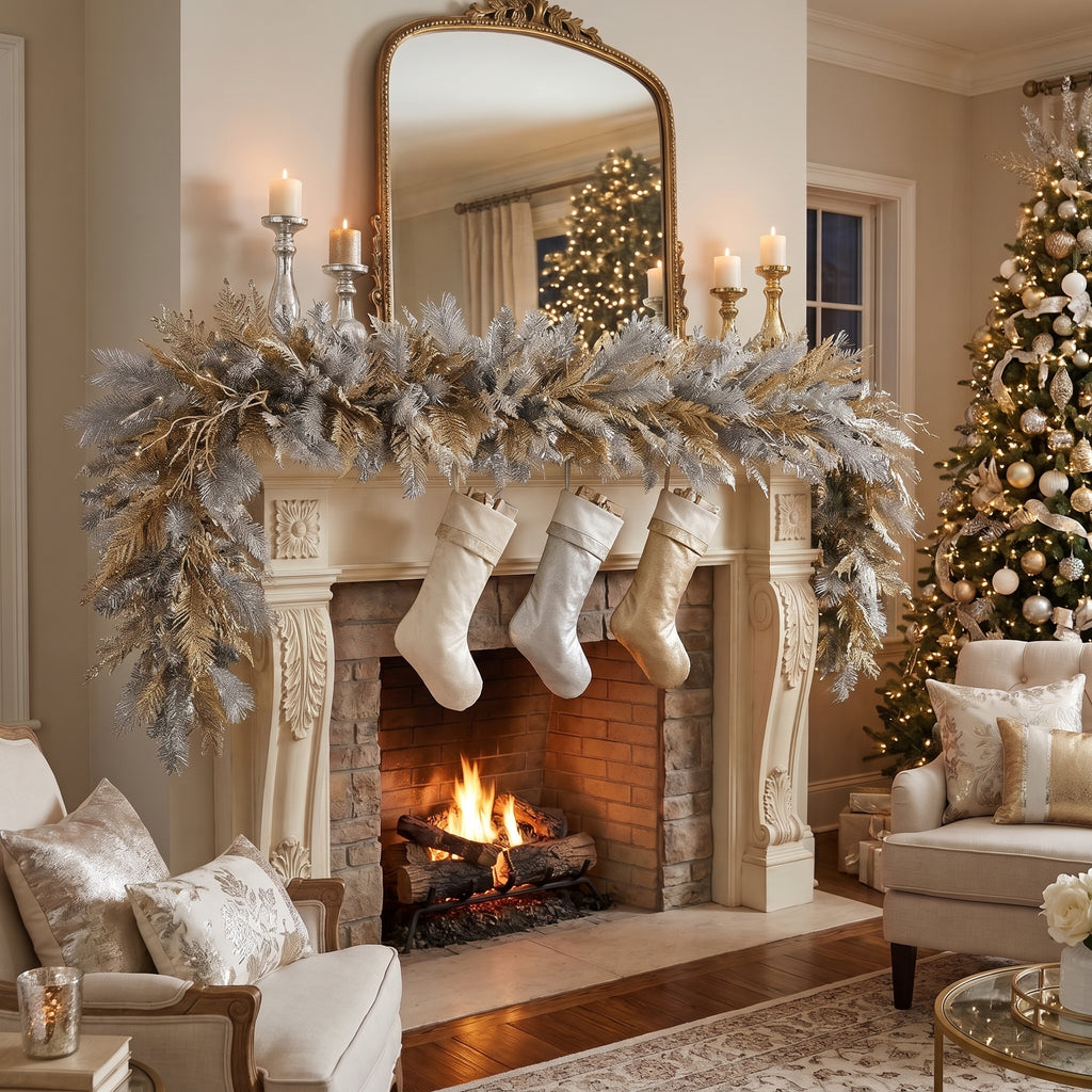 8-Foot Pre-Lit Metallic Silver and Champagne Gold Luxury Artificial Holiday Garland Christmas Decor