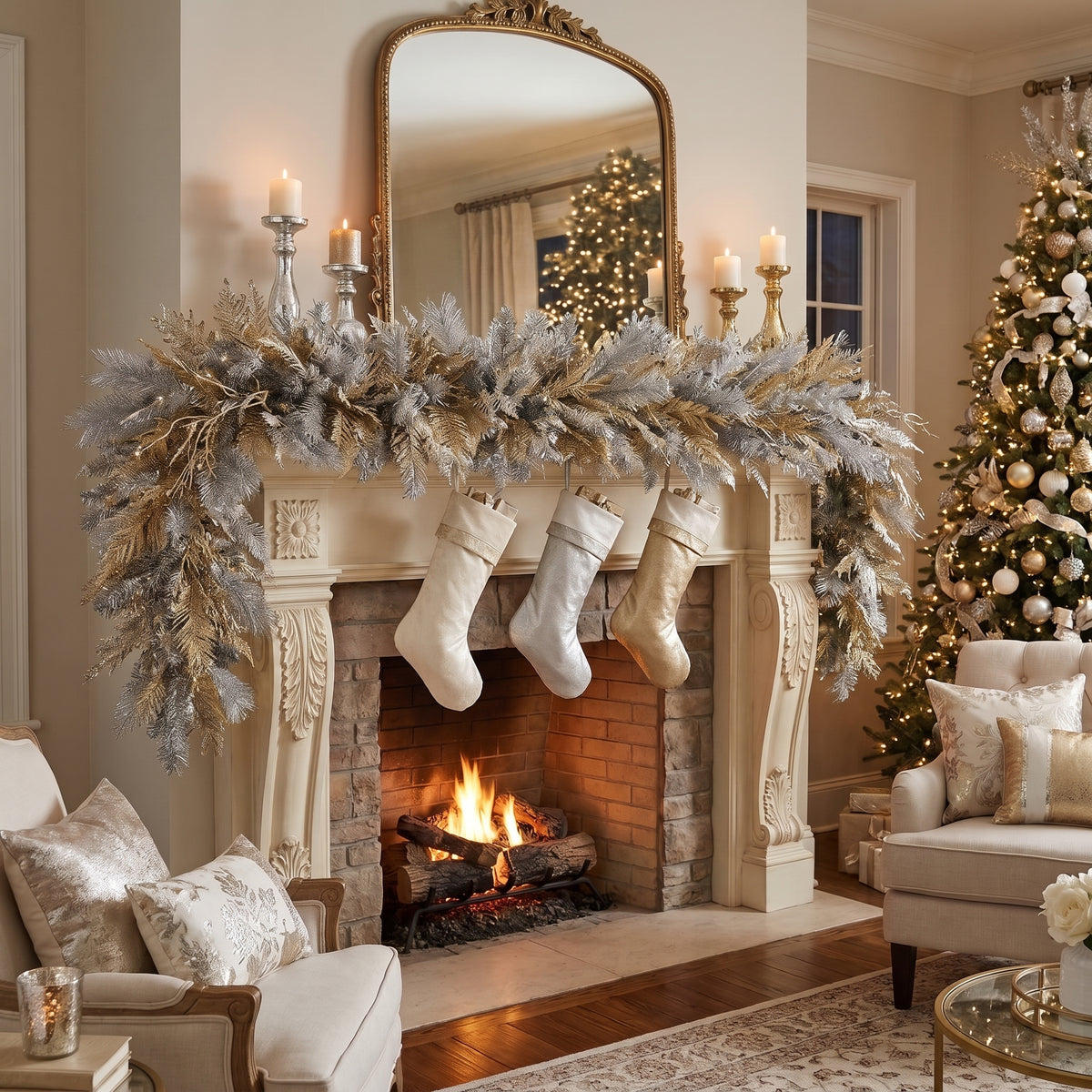 8-Foot Pre-Lit Metallic Silver and Champagne Gold Luxury Artificial Holiday Garland Christmas Decor