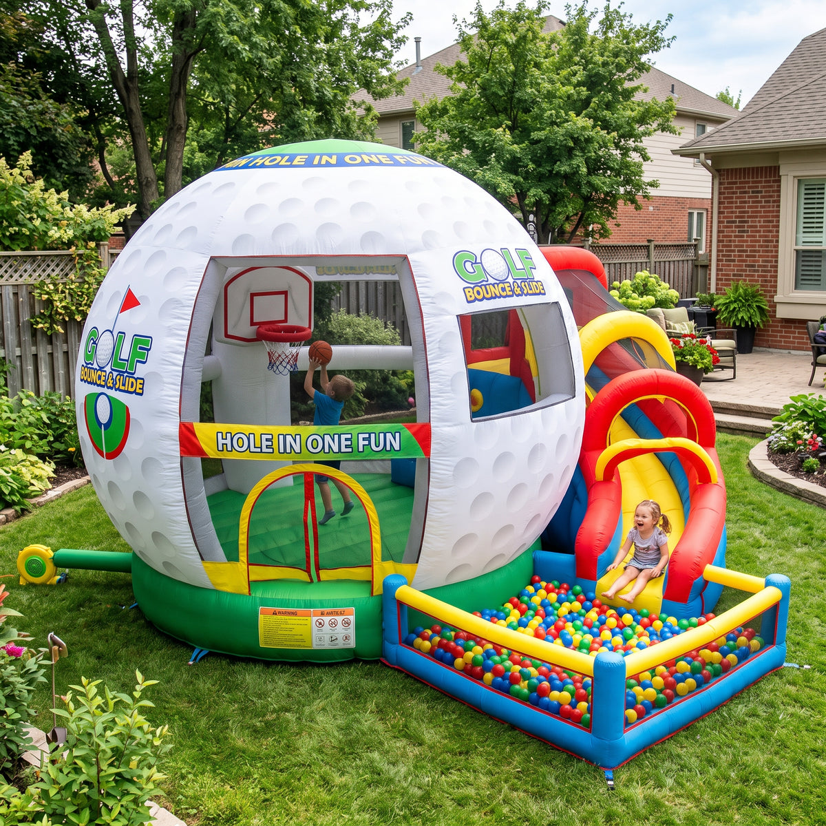 Play Bounce House Jumping Playhouse area with Slide and Ball Pit Sports Golf Ball Castle Theme