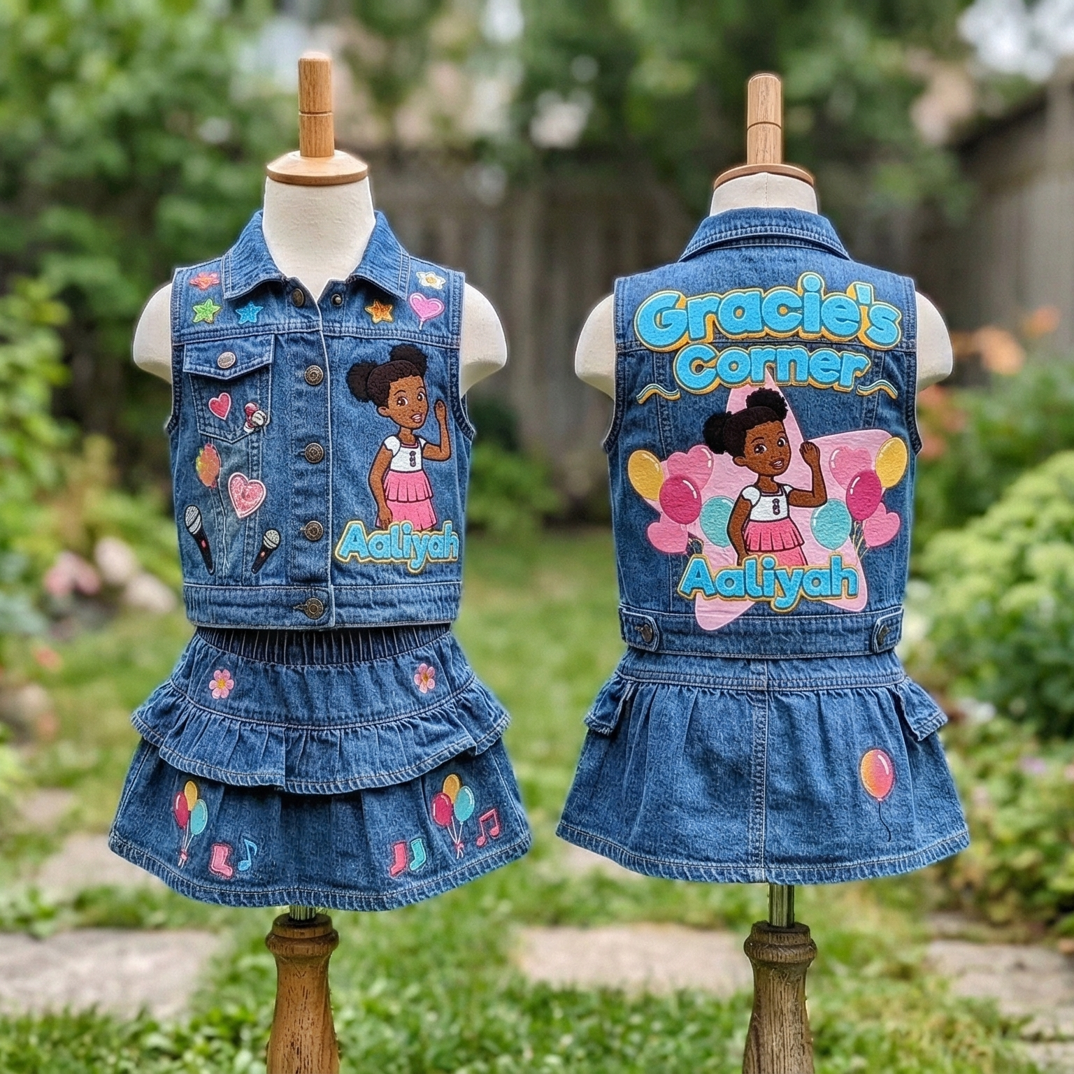 Personalized Custom Name Gracie's Corner Denim Vest & Skirt Set Birthday Party Cake Smash Gift
