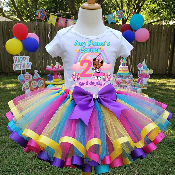 Gracie's Corner Cece Tutu Set Girls Personalized Custom Multicolor Ribbon Sewn Trim Tutu Outfit Dress Theme Cake Smash Birthday Party