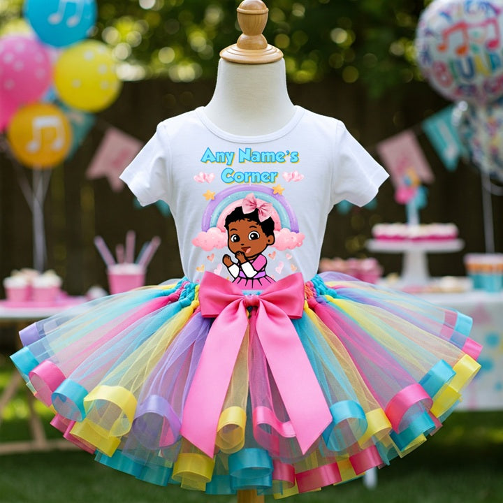 Gracie's Corner Cece Tutu Set Girls Personalized Custom Pink Blue Yellow Purple Ribbon Sewn Trim Tutu Outfit Dress Theme Cake Smash Party