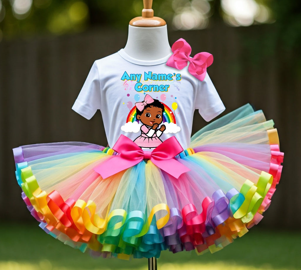 Gracie's Corner Baby Cece Tutu Set Girls Personalized Custom Rainbow Ribbon Sewn Trim Tutu Outfit Dress Theme Cake Smash Party