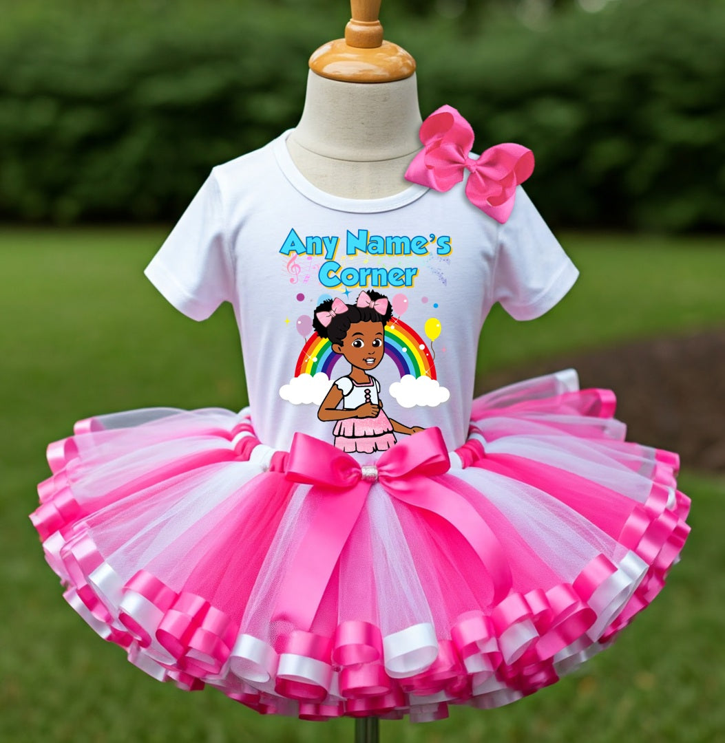 Gracie's Corner Pink Bow Tutu Set Girls Personalized Custom Hot Pink White Pink Ribbon Sewn Trim Tutu Outfit Dress Theme Cake Smash Party