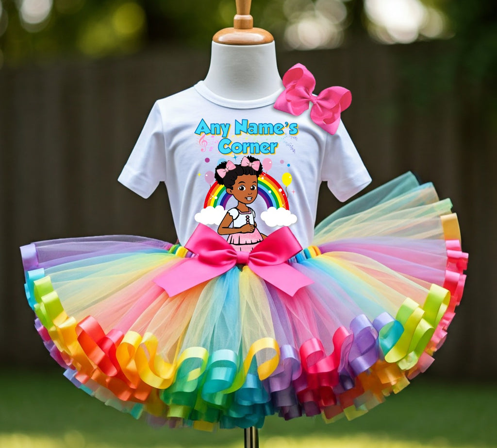 Gracie's Corner Pink Bow Tutu Set Girls Personalized Custom Rainbow Ribbon Sewn Trim Tutu Outfit Dress Theme Cake Smash Party