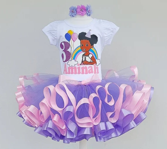 Gracie's Corner Face Tutu Set Girls Personalized Custom Purple Pink Ribbon Sewn Trim Tutu Outfit Dress Theme Cake Smash Birthday Party