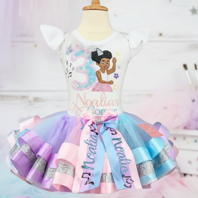 Gracie's Corner Face Tutu Set Girls Personalized Custom Pink Blue Purple Ribbon Sewn Trim Tutu Outfit Dress Theme Cake Smash Birthday Party