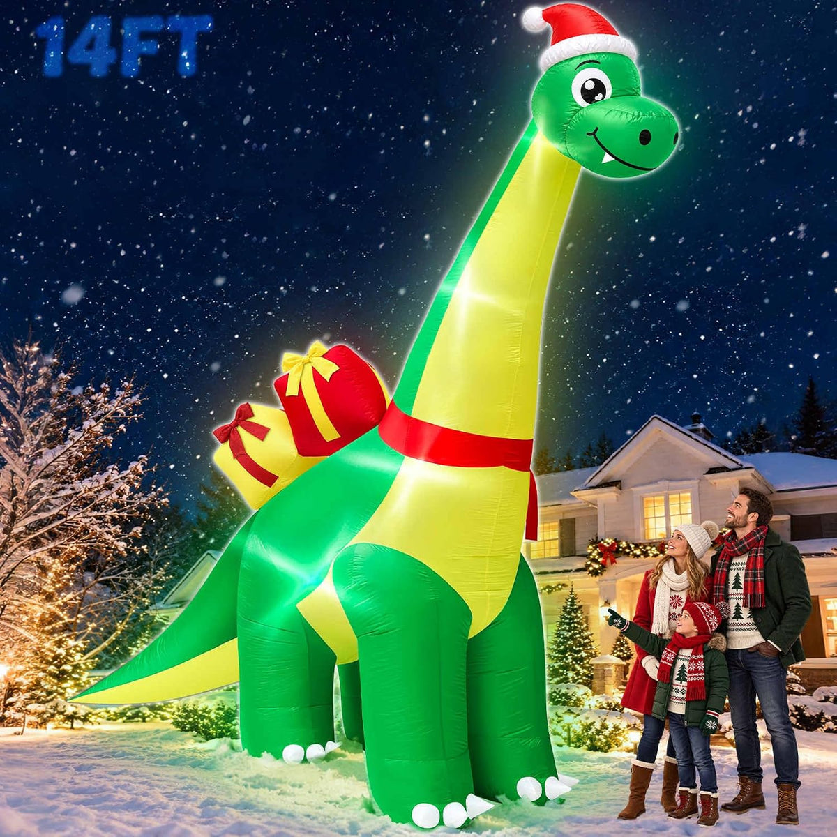 14-Foot Giant Outdoor Green Long Neck Dinosaur Inflatable with LED Illumination Christmas Blow Up Yard Decor