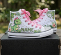 Custom Cute Green Dino T Rex High-Top Sneakers Shoes Personalized with Name, Ribbon Laces & Rhinestones Birthday Parties Everyday Gift