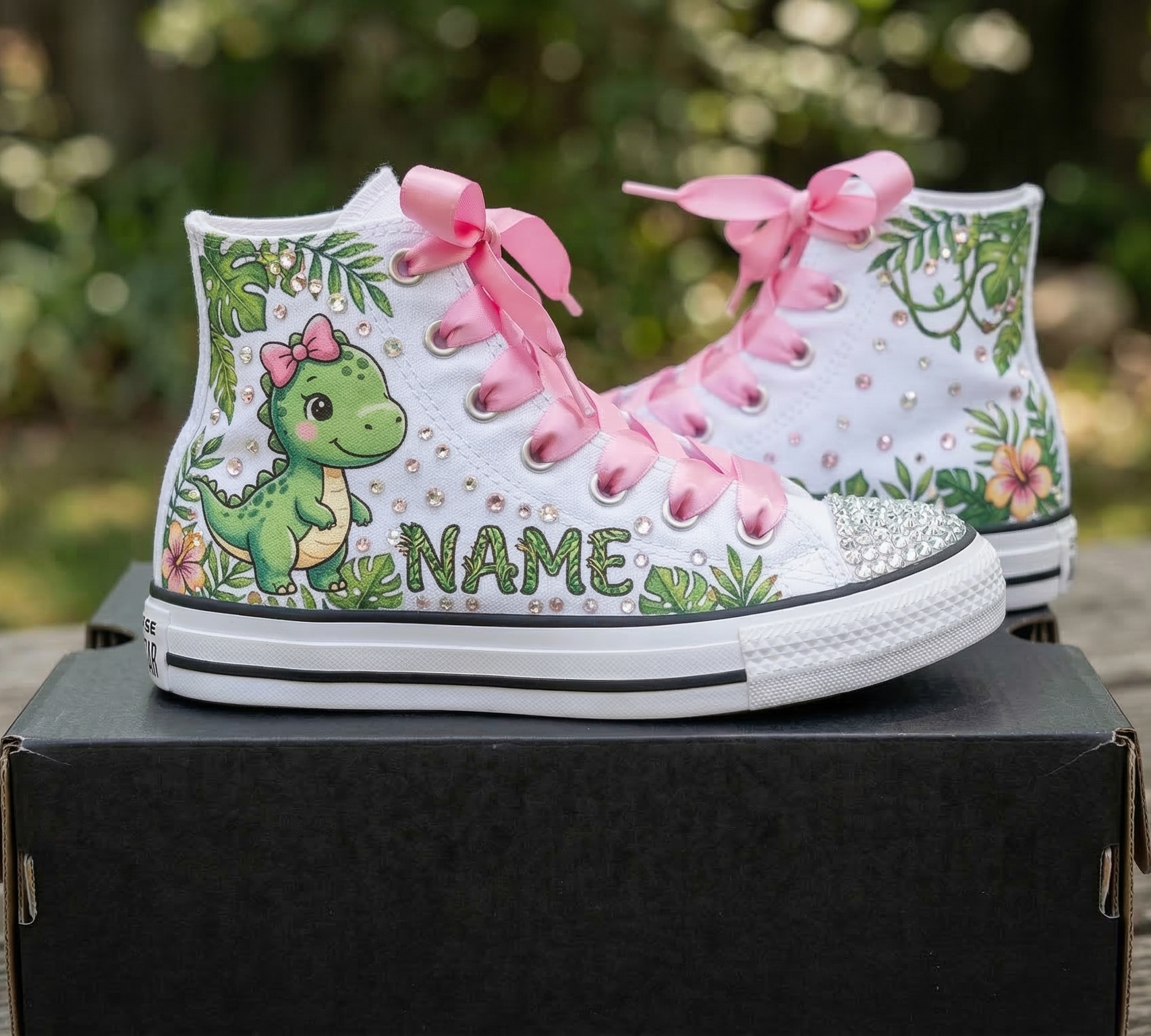 Custom Cute Green Dino T Rex High-Top Sneakers Shoes Personalized with Name, Ribbon Laces & Rhinestones Birthday Parties Everyday Gift