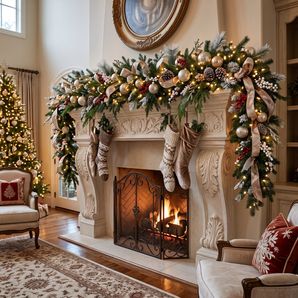 8-Foot Pre-Lit Traditional Classic Green and Gold Luxury Artificial Holiday Garland Christmas Decor
