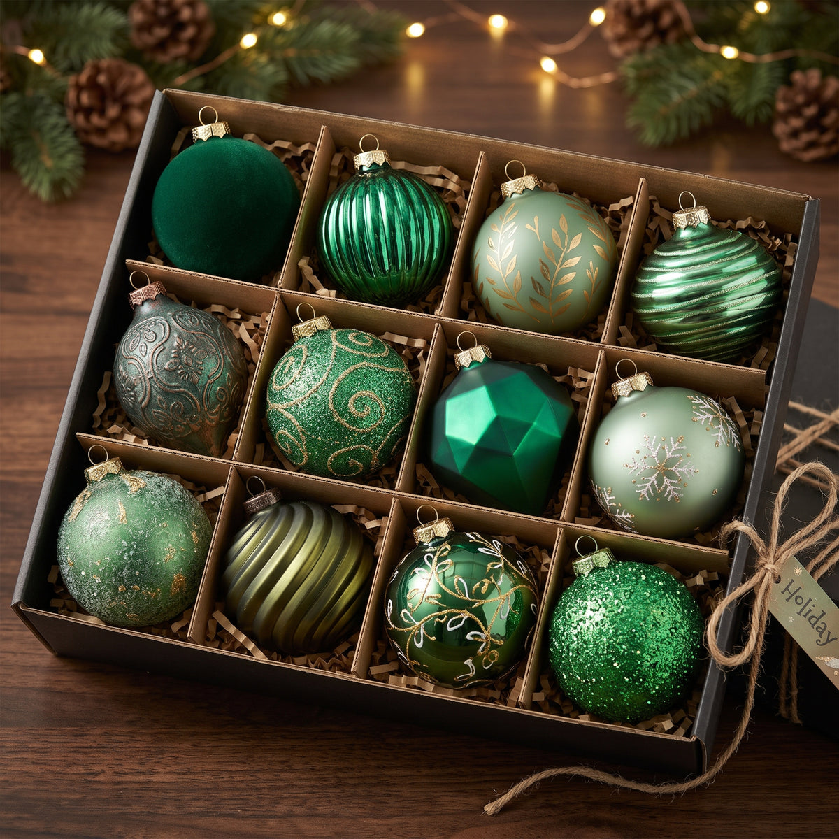 12-Piece Assorted Forest Green and Gold Luxury Shatterproof Holiday Ornament Set Christmas Decor