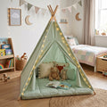 Light Green Kids Teepee Play Tent with String Lights & Thick Padded Mat Tipi Playhouse Bedroom Playroom Decor