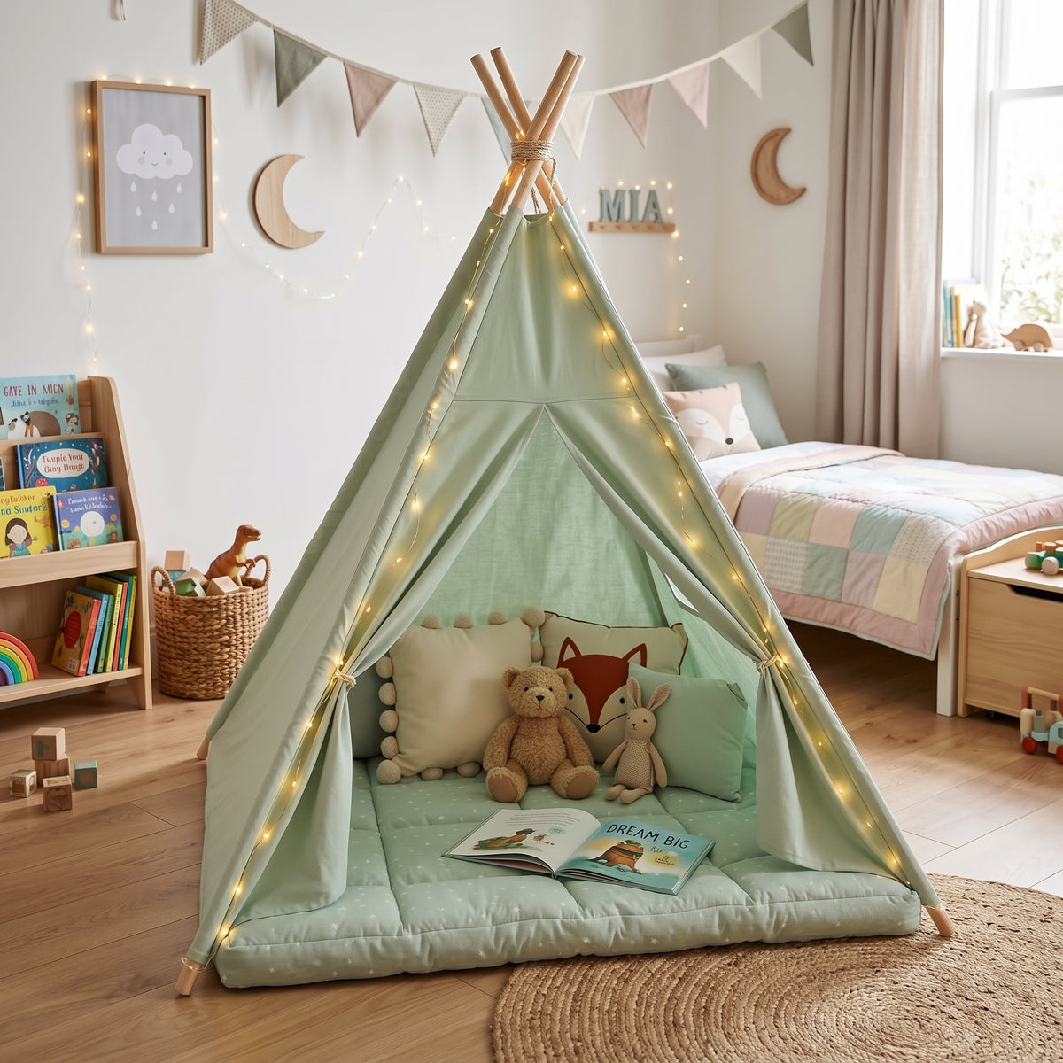Light Green Kids Teepee Play Tent with String Lights & Thick Padded Mat Tipi Playhouse Bedroom Playroom Decor