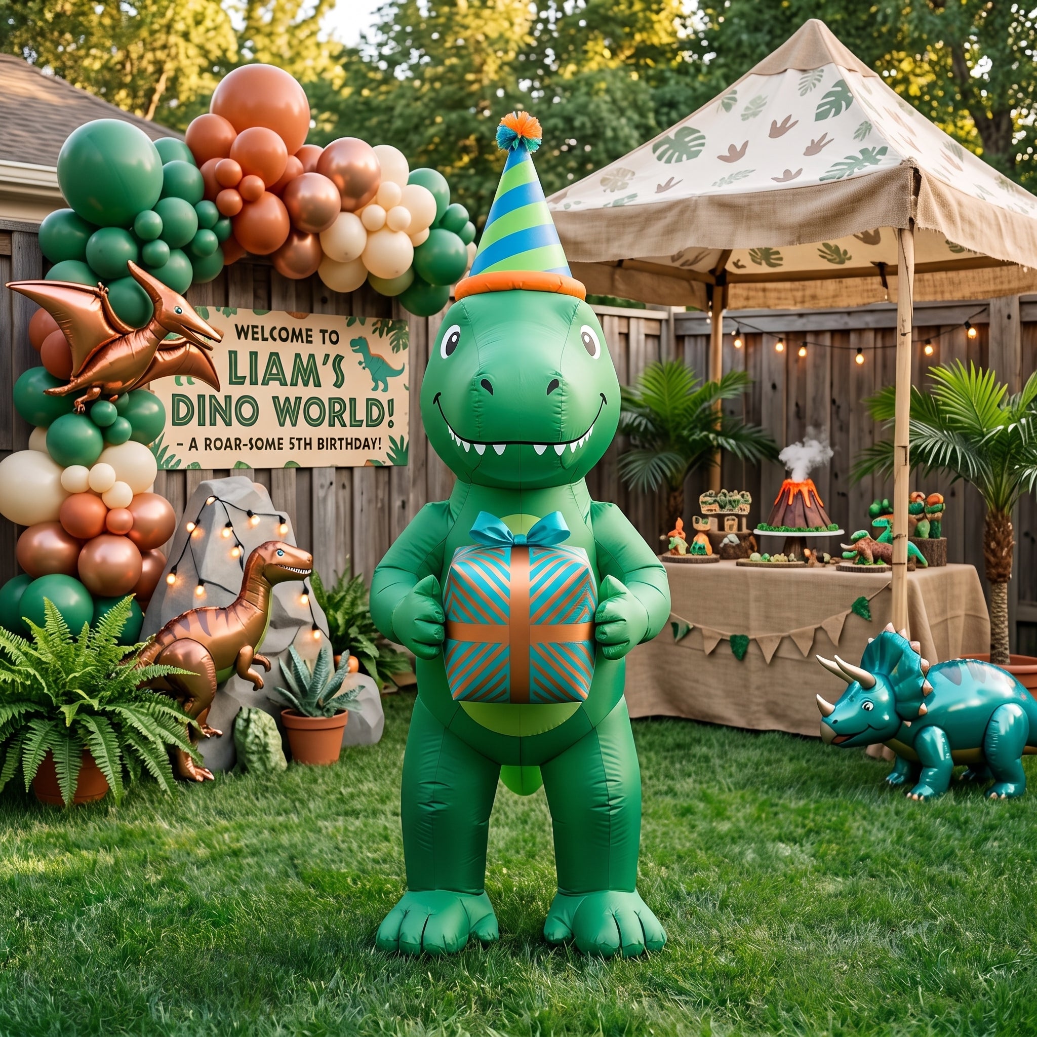 5' Green Dinosaur T Rex with Birthday Hat and Present Yard Birthday Inflatable Blow Up Decor Prop