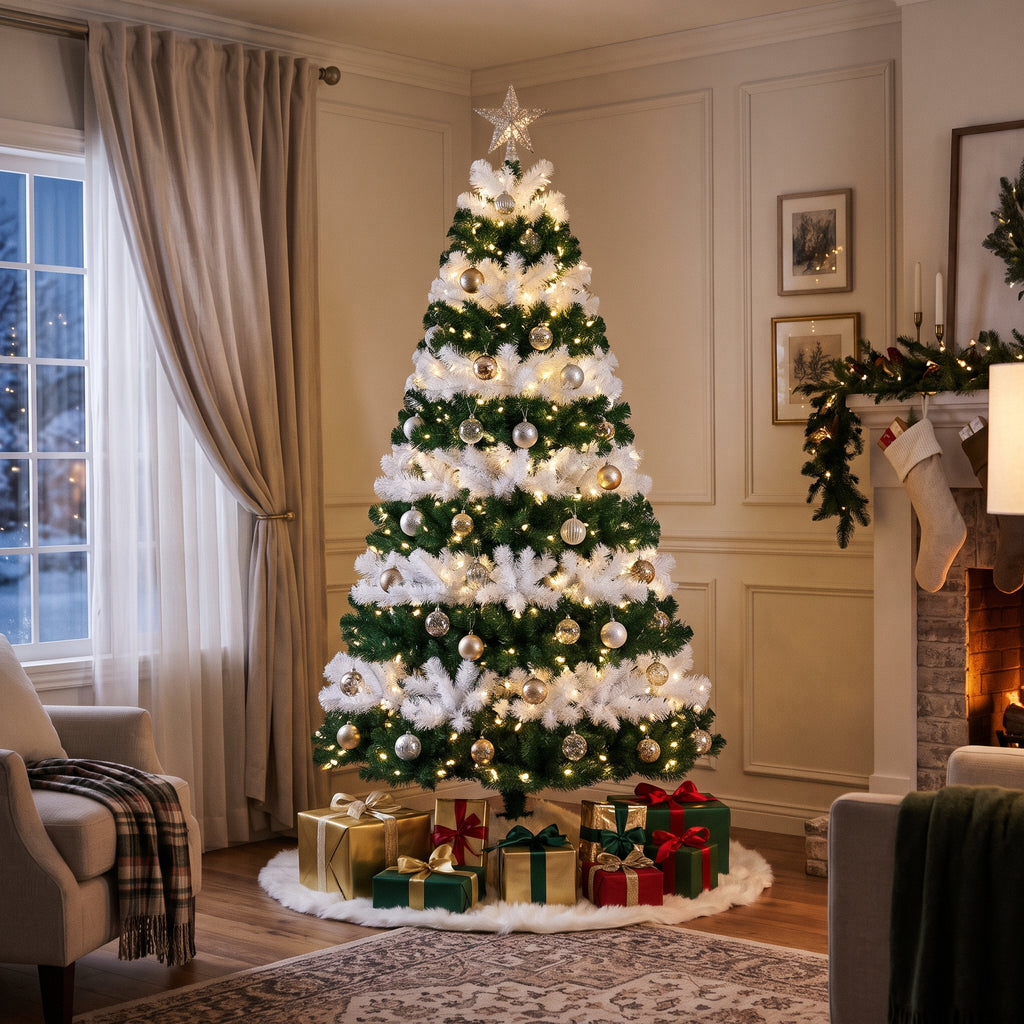 7-Foot Pre-Lit Two-Tone Green and White Layered Artificial Christmas Tree Life Size Christmas Decor