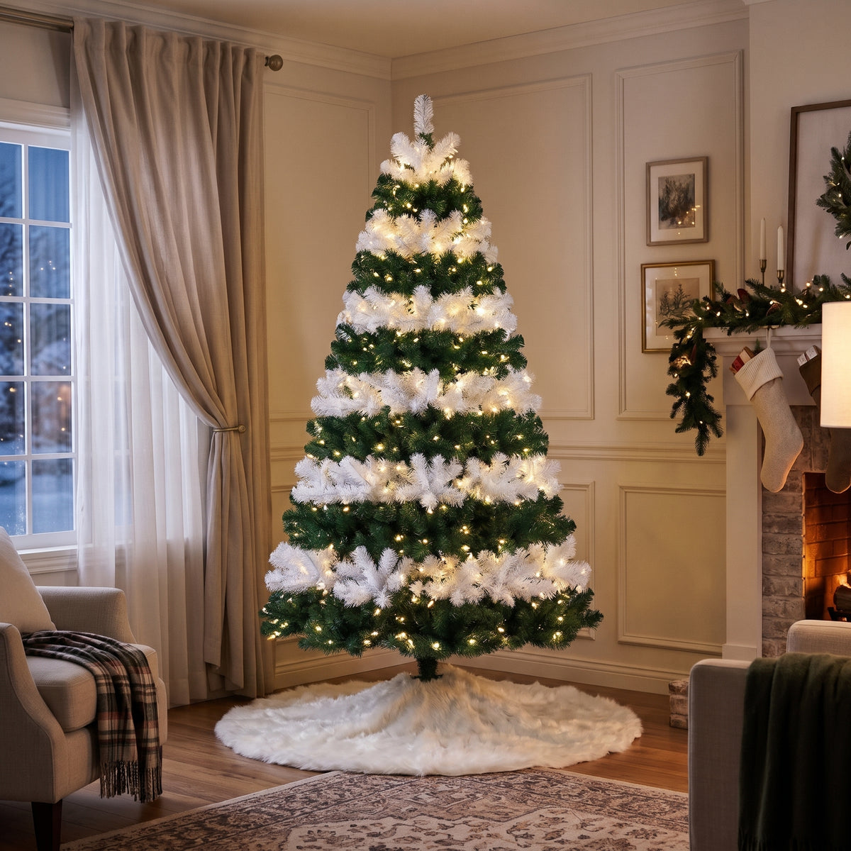 7-Foot Pre-Lit Two-Tone Green and White Layered Artificial Christmas Tree Life Size Christmas Decor