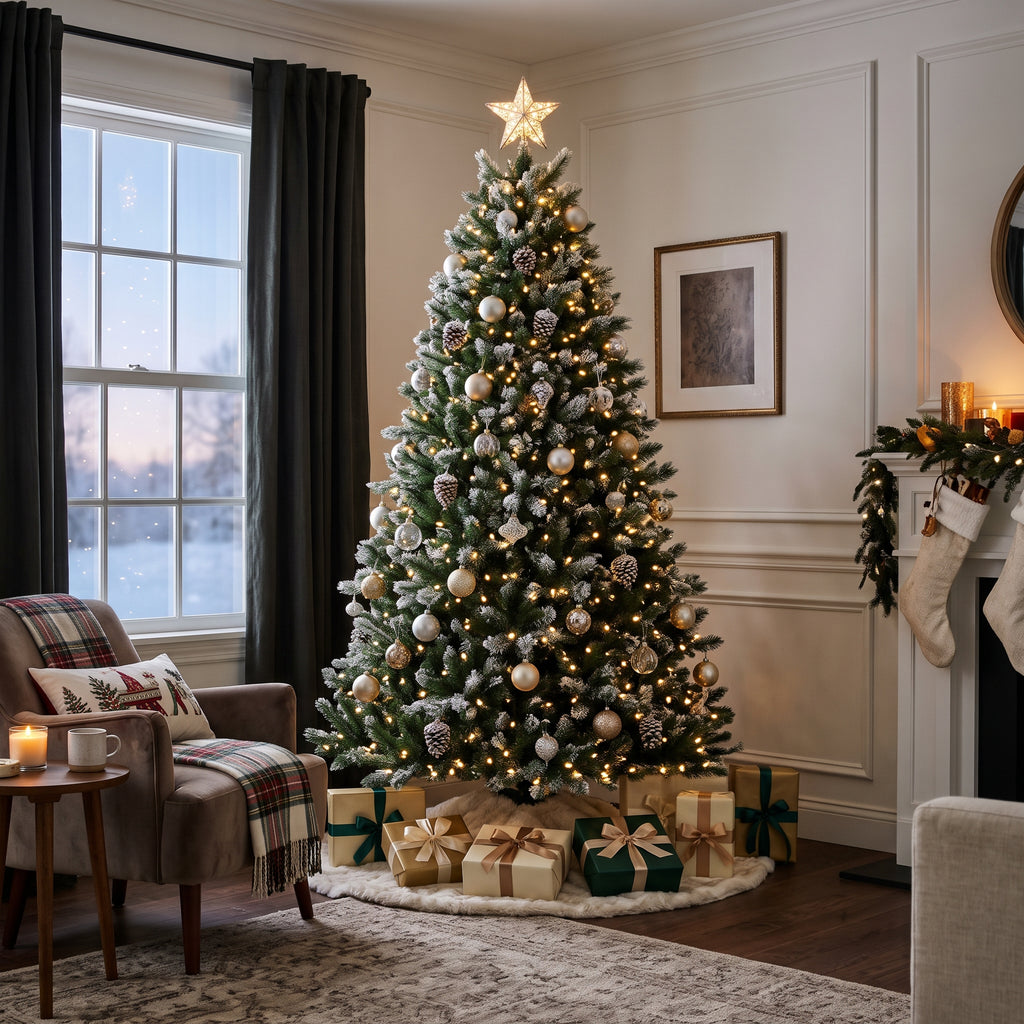 7-Foot Pre-Lit Snow-Kissed Classic Green Artificial Christmas Tree Life Size Christmas Decor