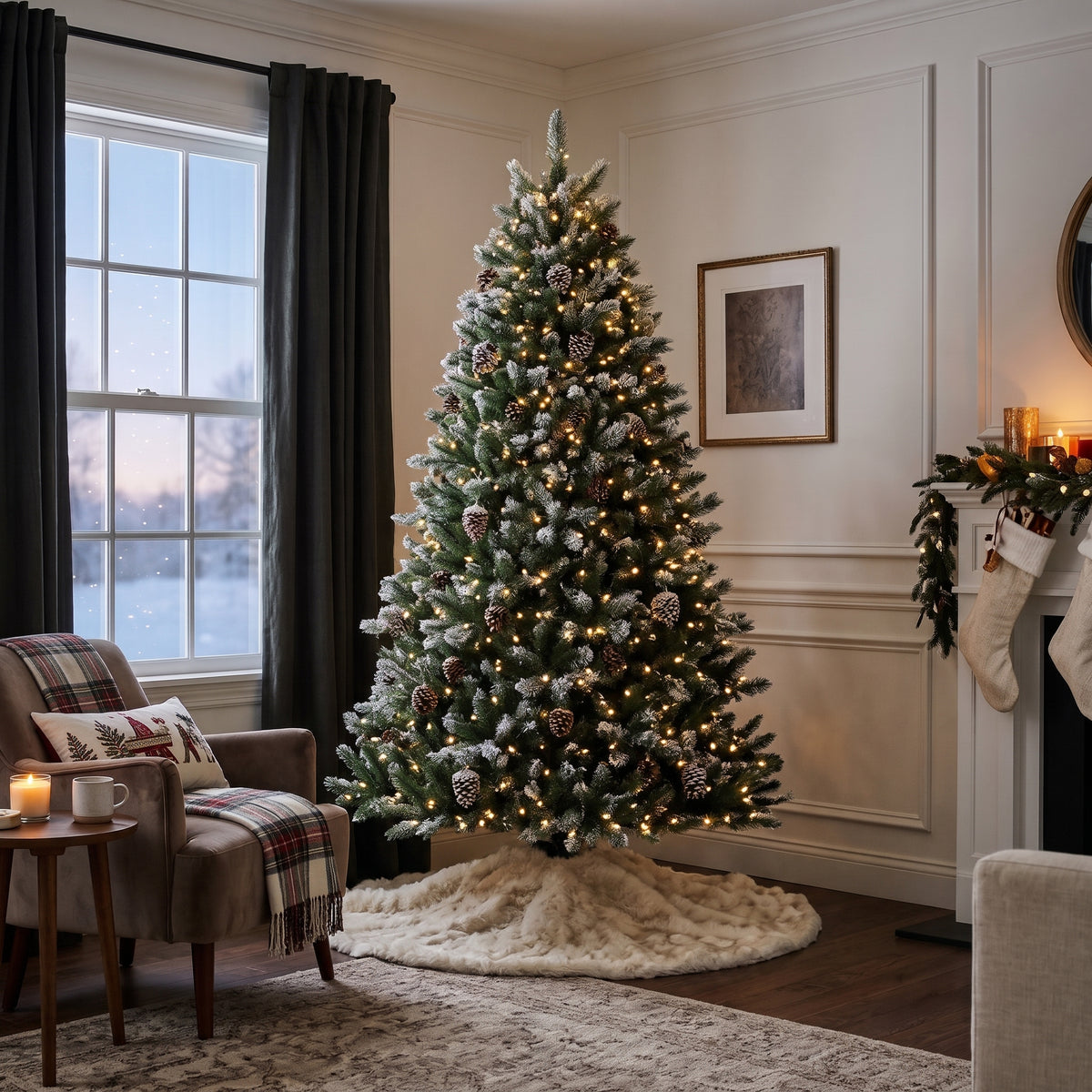 7-Foot Pre-Lit Snow-Kissed Classic Green Artificial Christmas Tree Life Size Christmas Decor
